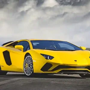 Lamborghini Aventador S color yellow in the middle of the road