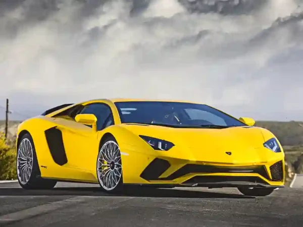 Lamborghini Aventador S color yellow in the middle of the road