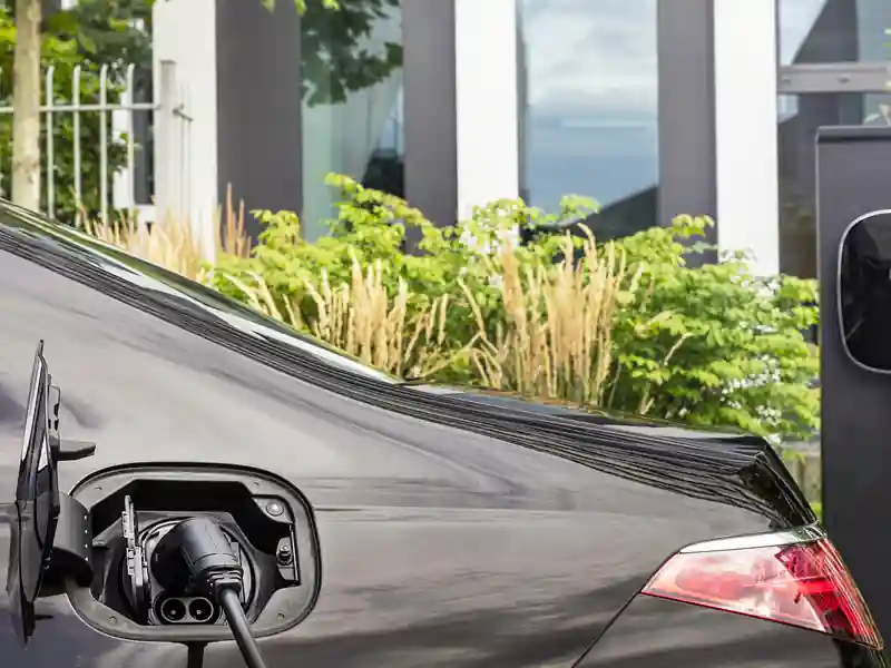 A close-up of a dark grey Mercedes-Benz electric vehicle plugged into a charging station, showing the rear charging port, sleek body lines, and contemporary landscaping in the background.