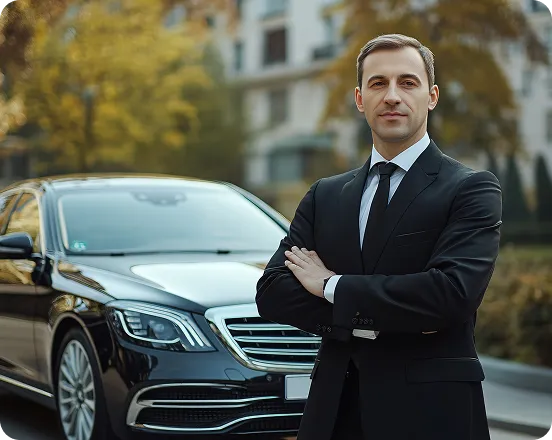 A professional male chauffeur in a sharp black suit and tie standing with arms crossed in front of a black Mercedes-Benz S-Class. The background shows a soft-focus urban park setting with autumn trees.