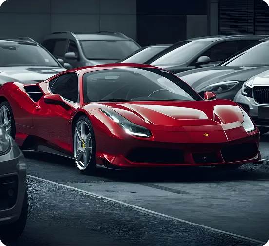 A stunning glossy red Ferrari 488 parked prominently in a high-end garage or showroom, surrounded by other luxury silver and grey vehicles under professional studio lighting.