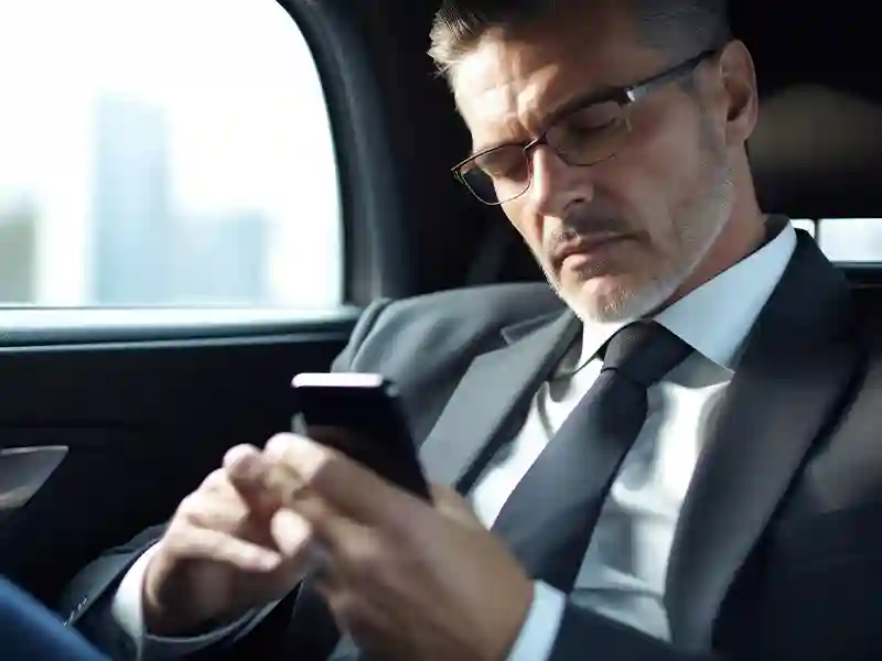 The comfortable man dressed in a grey elegant suit is inside of the back seat of the Mercedes-Benz car