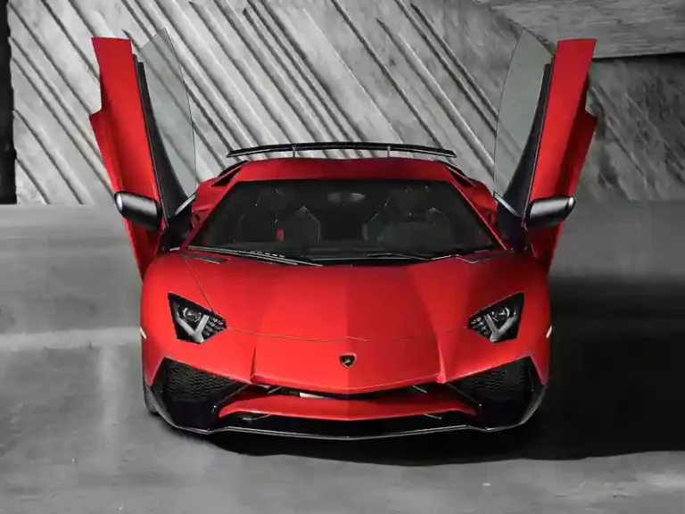 Red Lamborghini Aventador S with both doors opened