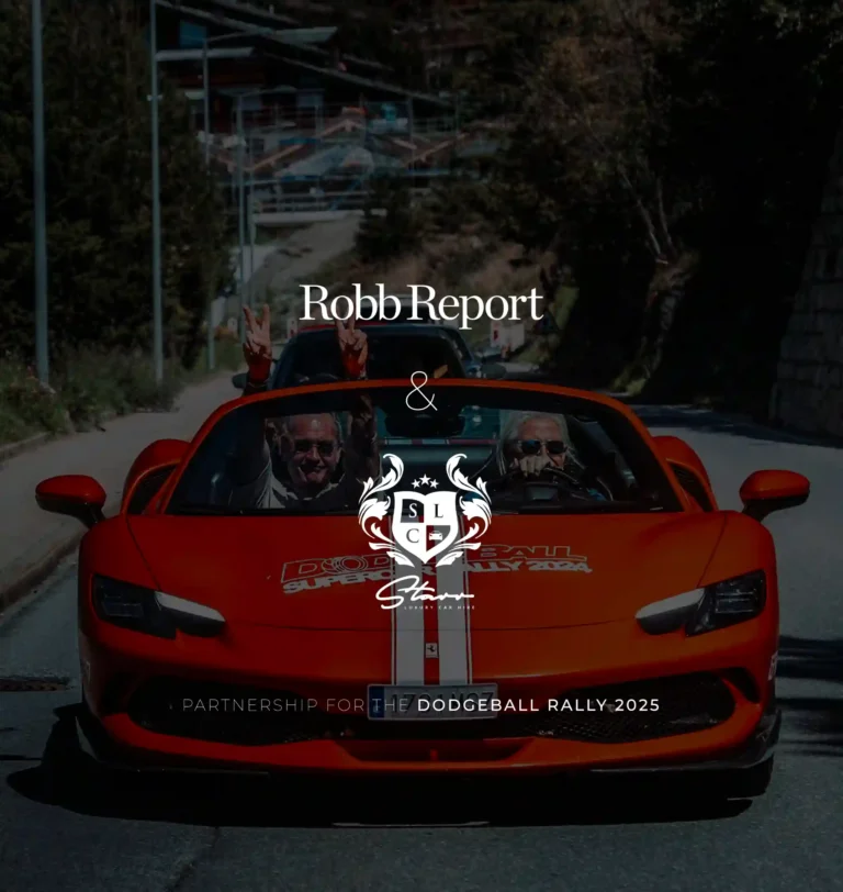 Background of a Ferrari and Logo of Robb Report and Starr Luxury Cars