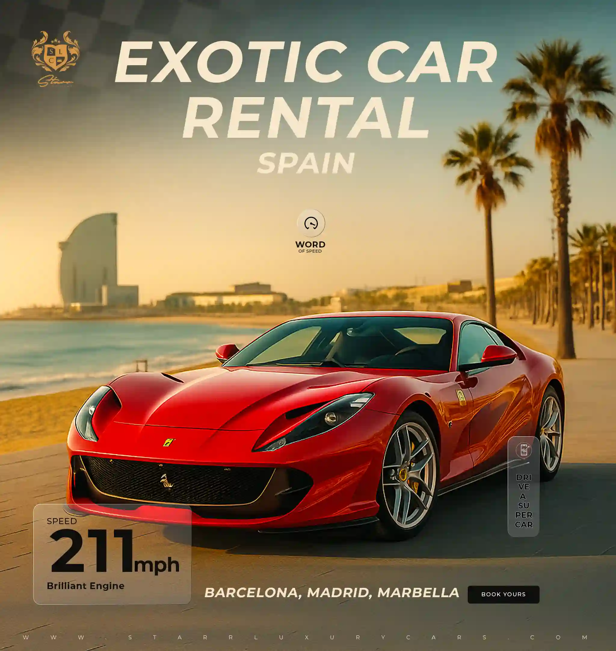 A Ferrari Superfast 812 red colour in the beaches of Barcelona