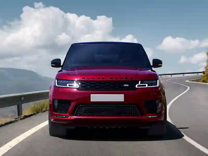 Front view of the red Range Rover Sport