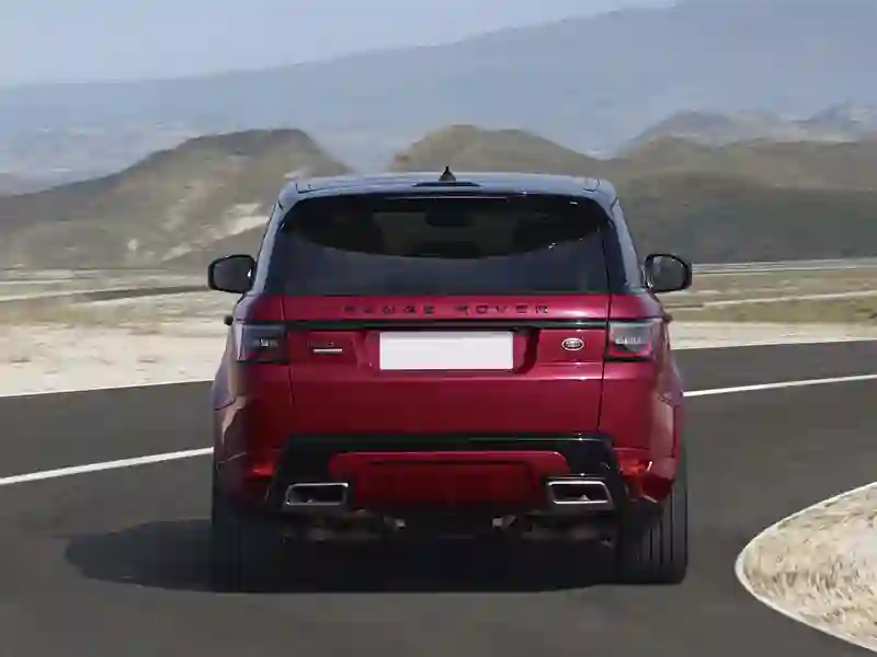 Back view of the red Range Rover Sport