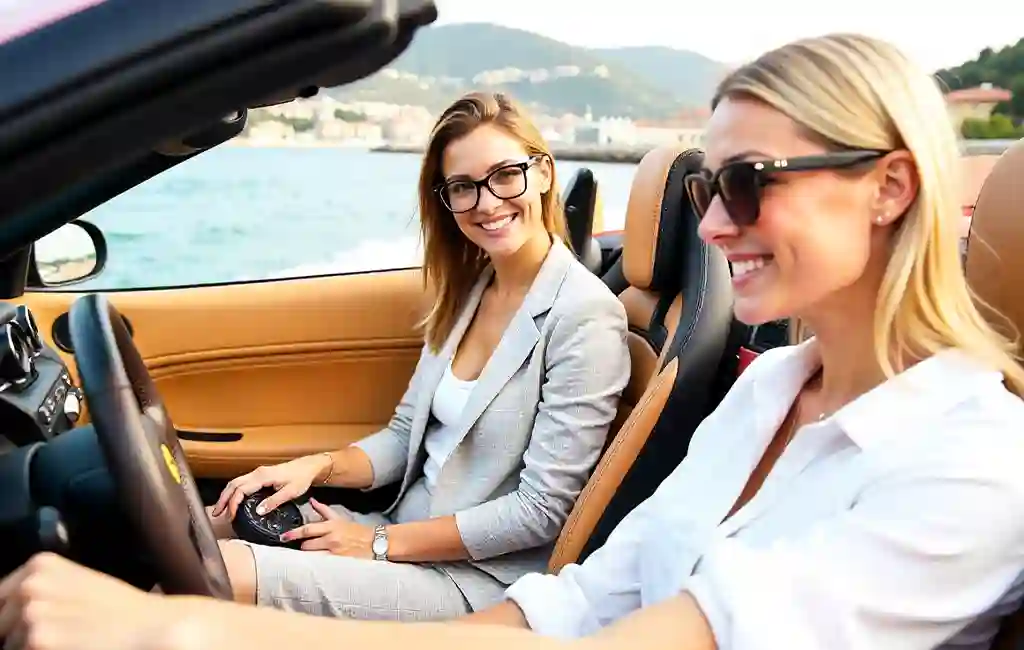 Two women seated on a convertible car