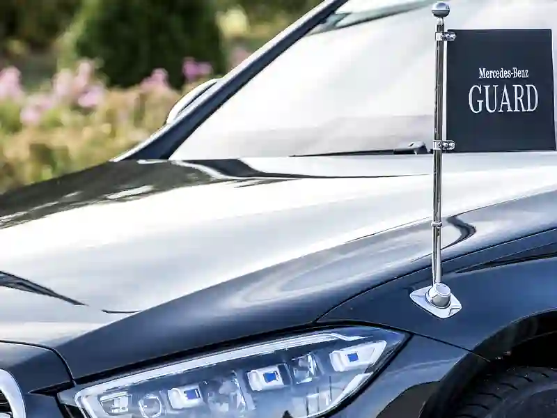Armoured Mercedes Benz S-Class close-up front view