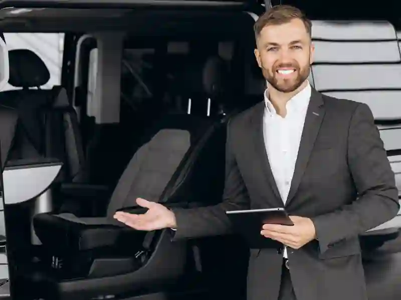 Smiling Chauffeur giving welcome to the Smiling Chauffeur giving welcome to the Mercedes Benz V-Class