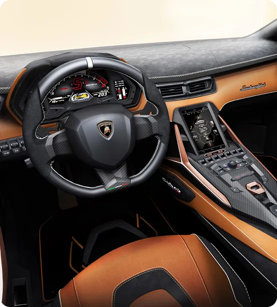 A wide-angle interior view of a Lamborghini Sián FKP 37, featuring a driver-centric cockpit with tan and black Alcantara leather, a carbon fiber steering wheel, a digital instrument cluster, and a high-tech vertical touchscreen console.