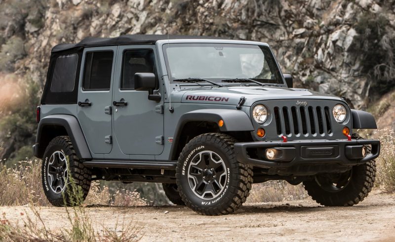 Jeep Wrangler Rubicon grey side parked